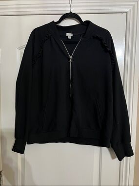 Ruffle-Trim Black Bomber Jacket - Women's